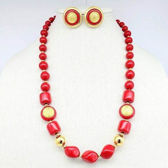 Vintage Liz Claiborne Red & Gold Acrylic Necklace & Earring Set Crested Logo 80s - Picture 1 of 14